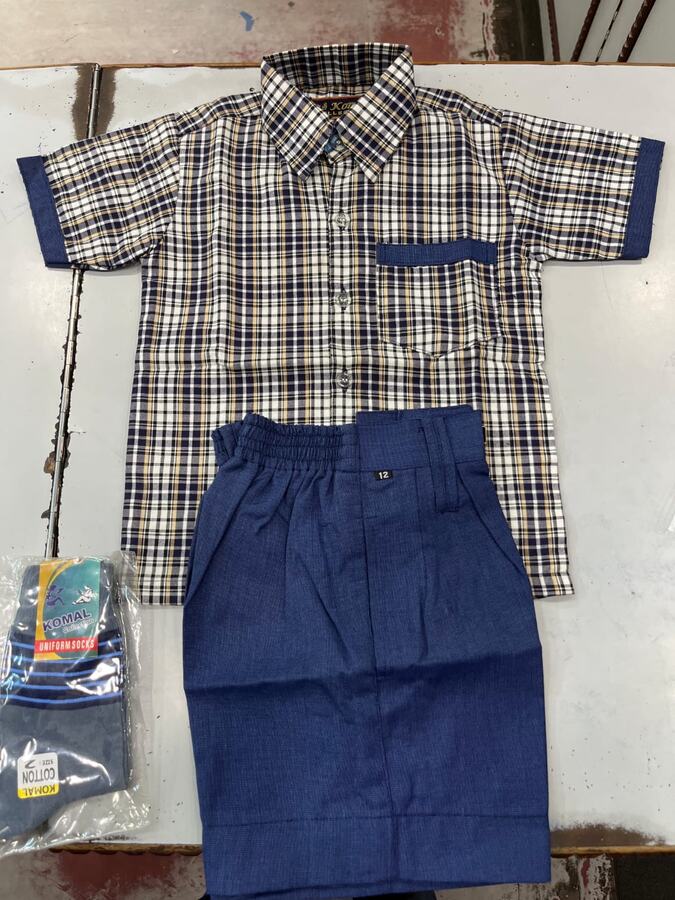 Checked half sleeve school shirt with blue shorts and Komal Collection uniform socks