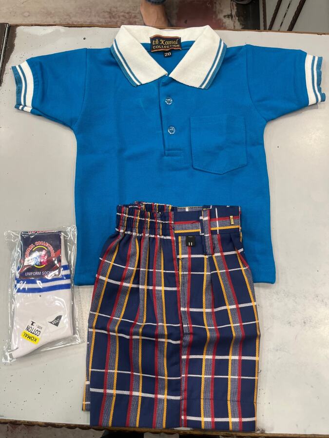 Blue polo T shirt with checked shorts