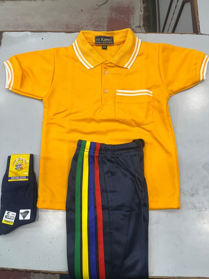 Yellow polo T shirt with striped track pants and socks