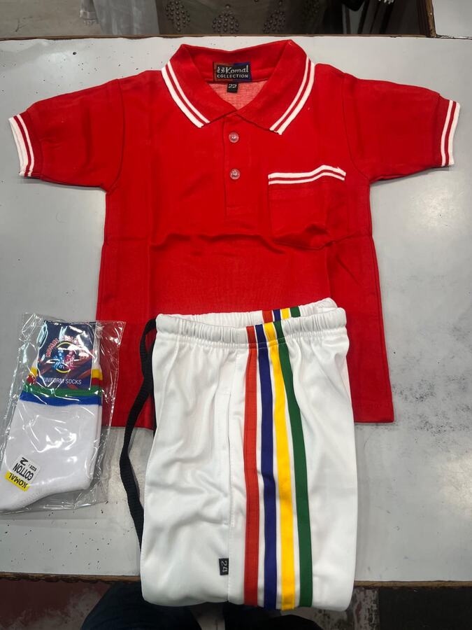 Red polo T shirt with white striped track pants